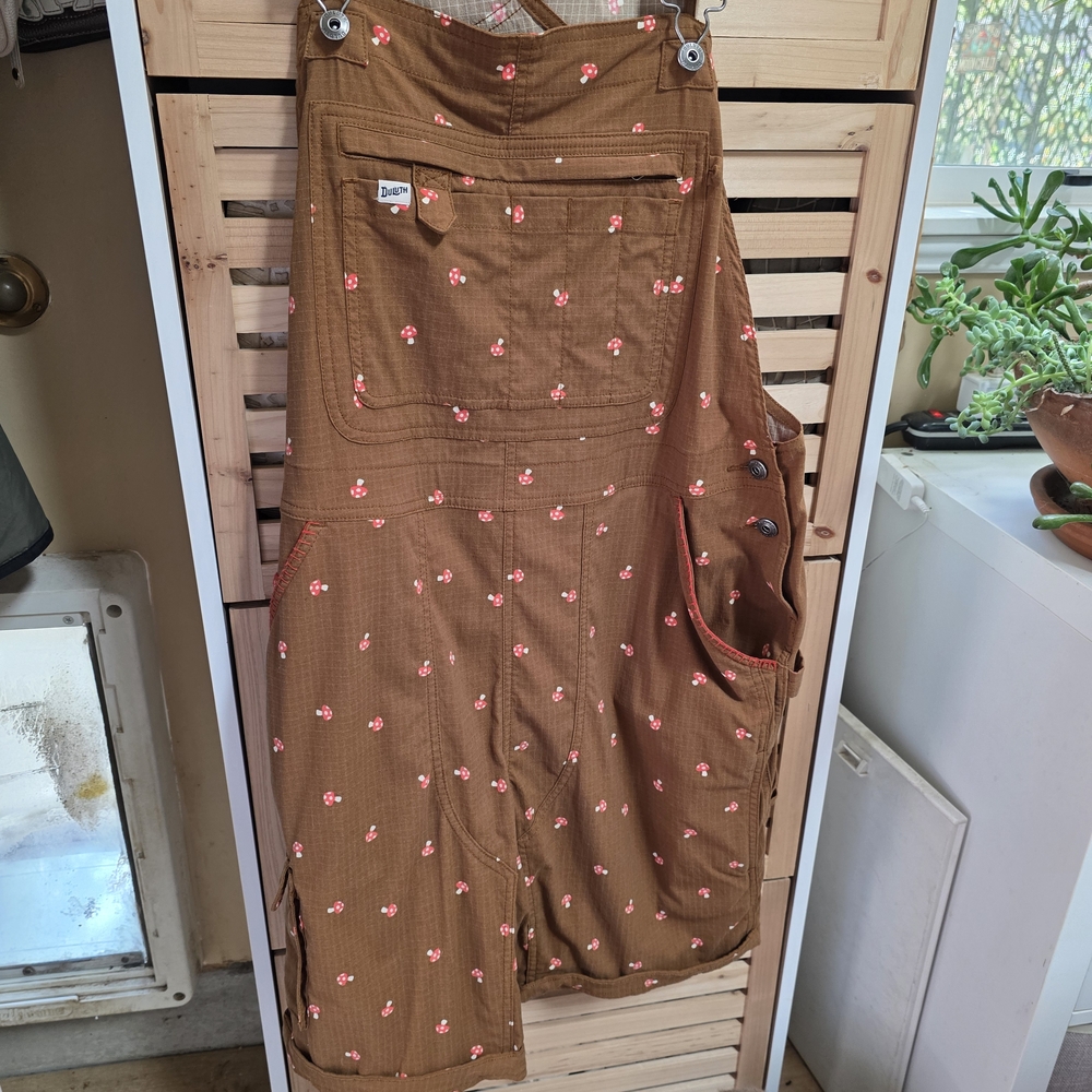 Duluth Trading Co Brown Overalls with Red Mushroom Pattern